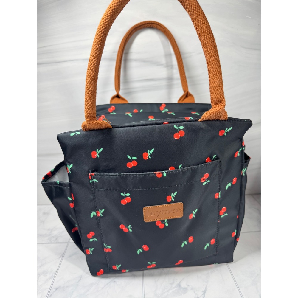 Joymee Cherry Print Insulated Lunch Bag Black Cooler Tote with Pockets